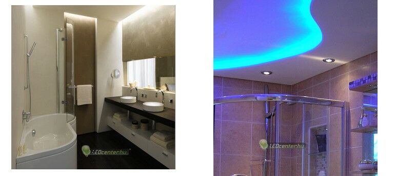 Fürdőszoba normál mennyezettel és gipszkarton elemekkel