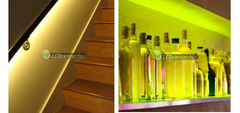 Lépcsőkorlátba szerelt dekorációs LED világítás és RGB LED szalag bárpultba rejtve
