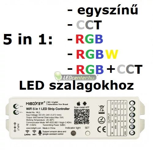 MiLight-MiBoxer 5 az egyben RGB, RGB+W, CCT, wifi RF vezérlőegység, 180W WL5